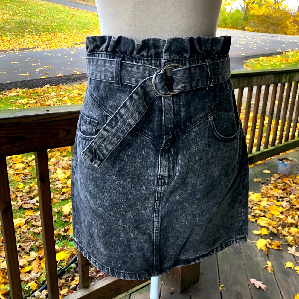 Acid washed black denim skirt